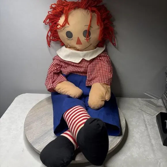 Raggedy Ann Cloth Doll Vintage Style Red Yarn Hair Blue Pants C - Picture 4 of 7